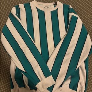 Eddie Bauer Teal and White Vertical Stripe Crewneck Sweater
